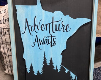 Framed Adventure Awaits Minnesota Wall Art Cabin Decor Rustic Home Decoration MN