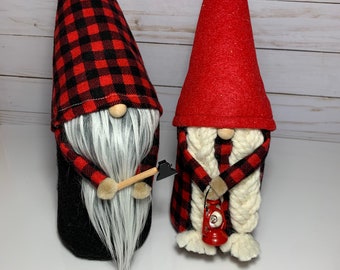 Lumberjack Gnome Couple Minnesota Buffalo Plaid Boy Gnome Girl Gnome Scandinavian Gnomes Nisse Tomte Axe Lantern