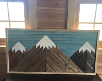 Rustic Mountain Wall Art Blue Sky Mountain Range Artwork Home Decor Cabin Sign