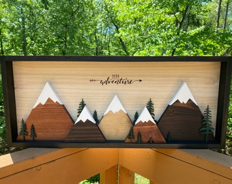 3D Mountain Range Wood Sign: Rustic Cabin Decor, Black Frame