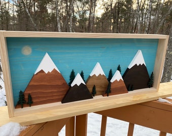 The Original Framed 3D Trees and Mountain Range Wall Art Blue Sky Summer Sun Cabin Decor Rustic Home Decoration