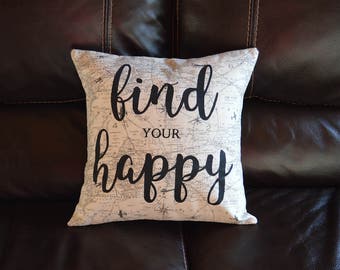 Find Your Happy Adventure Airplane Calligraphy Quote Pillow Decorative Throw Pillow