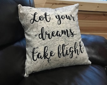 Let Your Dreams Take Flight Airplane Pillow Decorative Throw Pillow Quote Pillow Gift