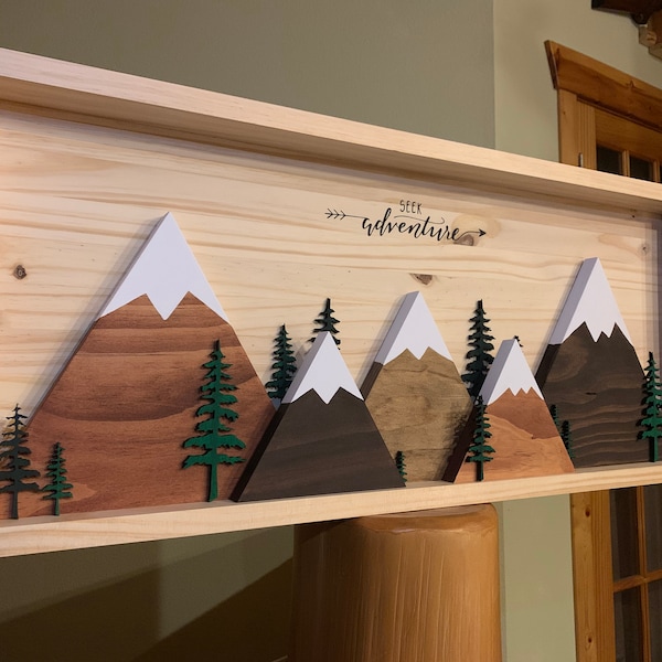 3D Mountain Range Wood Sign: Rustic Cabin Wall Art