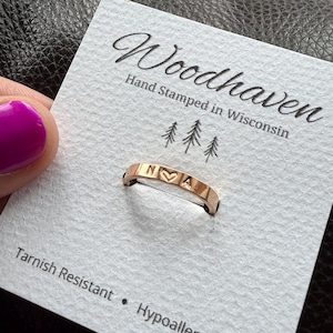 Personalized Stamped Initial Heart Ring, Hand Stamped Love Ring, Custom Letter Jewelry, Minimalist Stainless Stacking Ring, Gift for Her