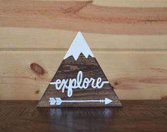 Explore Arrow Stained Mountain Wood Sign with Snow Handmade Sign Decoration