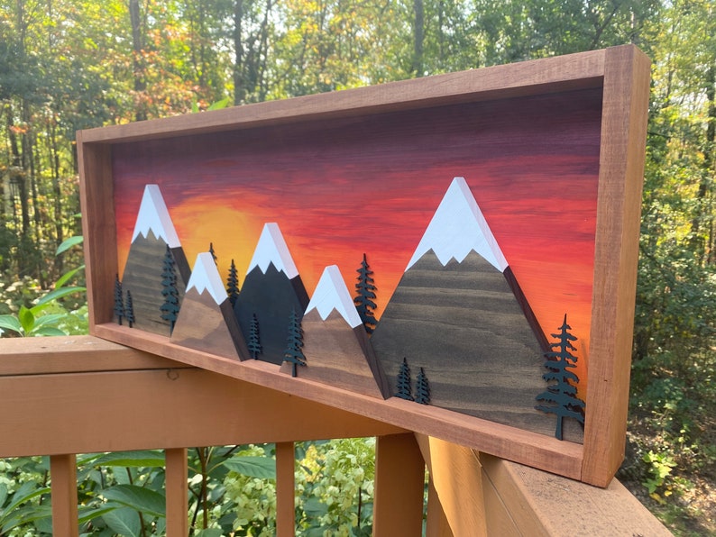 The Original Sunset Framed Seek Adventure 3D Trees and Mountain Range Wall Art Cabin Decor Rustic Home Decoration 画像 2