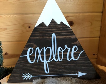 Explore Arrow Large Stained Mountain Wood Sign with Snow Handmade Sign Decoration