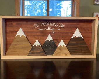Framed The Mountains Are Calling 3D Mountain Range Wall Art Cabin Decor Rustic Home Decoration