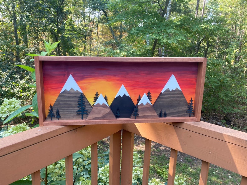 The Original Sunset Framed Seek Adventure 3D Trees and Mountain Range Wall Art Cabin Decor Rustic Home Decoration 画像 1