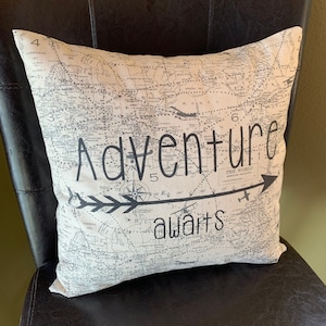 Adventure Awaits Quote Pillow Airplane Decorative Pillow