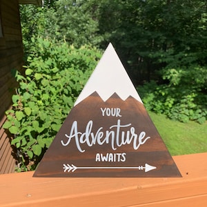 Your Adventure Awaits Hand Lettered Wood Mountain Sign Gift Decoration