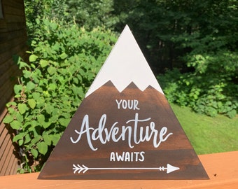 Your Adventure Awaits Hand Lettered Wood Mountain Sign Gift Decoration