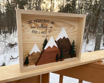 Framed The Mountains Are Calling 3D Trees and Mountain Range Wall Art Cabin Decor Rustic Home Decoration