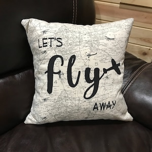 Let's Fly Away Airplane Pillow Decorative Throw Pillow Quote Pillow Gift Aviation Pillow