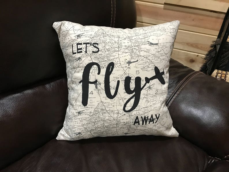 Let's Fly Away Airplane Pillow Decorative Throw Pillow Quote Pillow