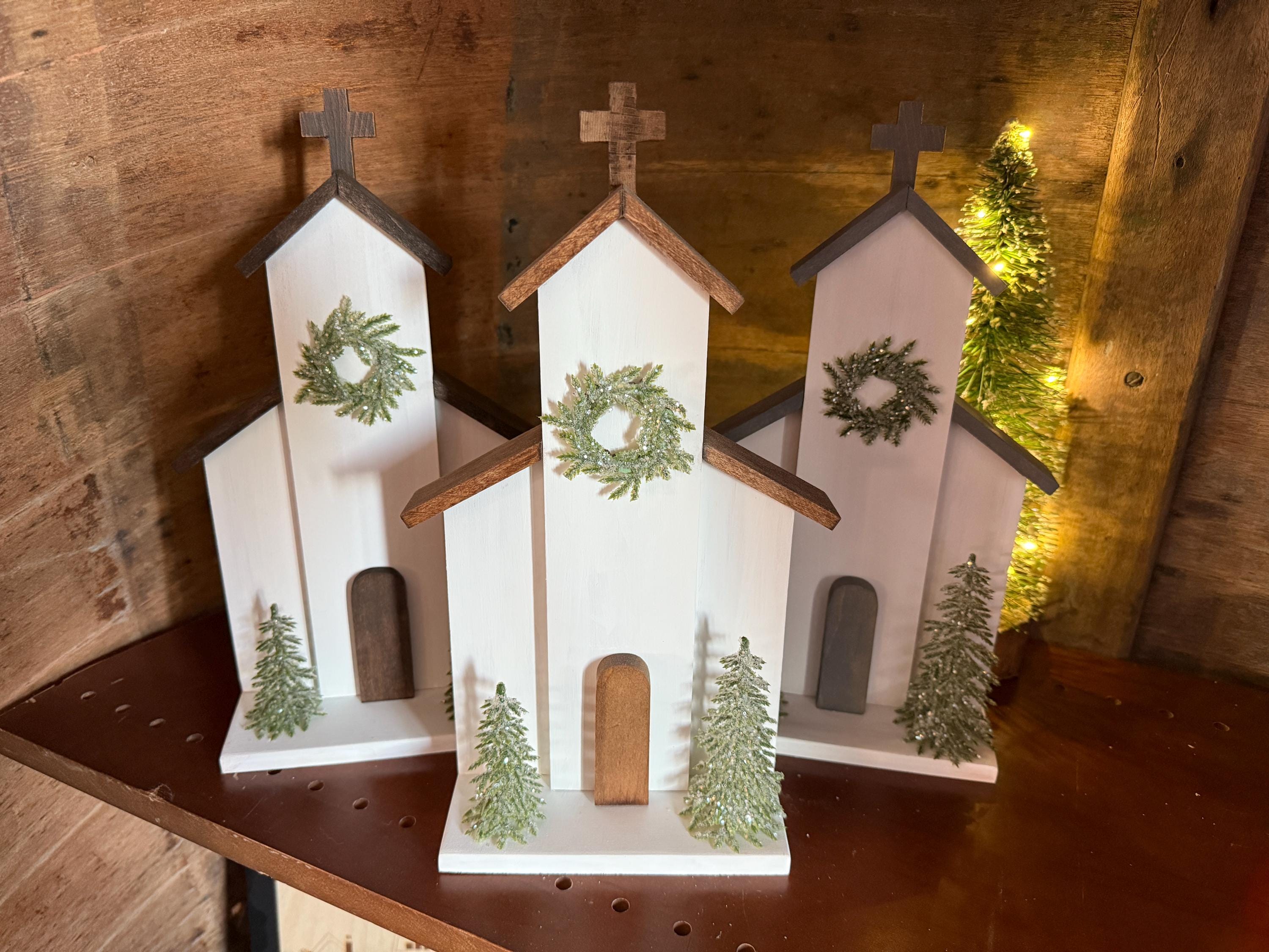 Handmade Rustic Wooden Church Christmas Decoration: Farmhouse Holiday Decor