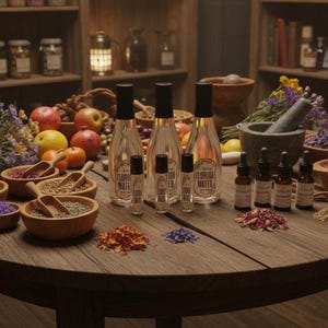 May include: A rustic wooden table displays apothecary items. Clear glass bottles with black caps and labels are arranged with smaller roller bottles. Bowls of herbs, flowers, and fruit surround the bottles. A mortar and pestle are also present.