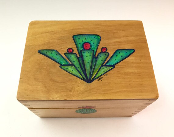 Wooden Basket with Prickly Pear Cactus hand painted