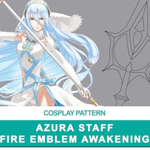 May include: A cosplay pattern for the Azura Staff from Fire Emblem Awakening. The pattern is a line drawing of the staff, which is a long, ornate weapon with a pointed tip.
