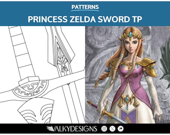 May include: A black and white line drawing of a sword with a decorative handle. The sword is held by a woman with long blonde hair wearing a pink and white dress and gold armor. The background is a gray stone wall.