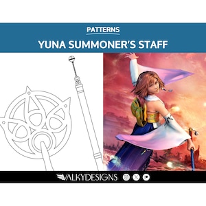 May include: A black and white line drawing of Yuna's Summoner's Staff from Final Fantasy X. The staff is made up of a long, thin rod with a circular design at the top. The staff is shown in two parts, the top and the bottom. The top part is a circular design with a small ball at the top. The bottom part is a long, thin rod.