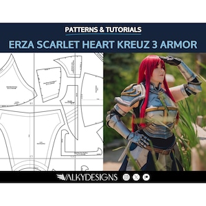 Puede incluir: Un patrón y un tutorial imprimibles para hacer un disfraz de cosplay del personaje Erza Scarlet del anime Fairy Tail. El patrón es para la armadura del personaje, que es plateada y dorada con un diseño rojo y blanco. La imagen también muestra a una persona usando el disfraz terminado.