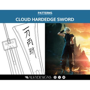 May include: A black and white line drawing of a sword with the Japanese characters "刀  両断" on the blade. The sword is next to a color image of a character from a video game holding a similar sword.