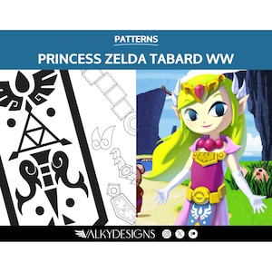 Puede incluir: Patrón en blanco y negro para un tabard de la princesa Zelda de The Legend of Zelda: The Wind Waker. El patrón presenta el símbolo de la Trifuerza y otros detalles. La imagen también incluye una ilustración colorida de la princesa Zelda del juego.