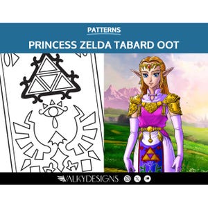 Puede incluir: Un dibujo en blanco y negro de una túnica de la princesa Zelda del videojuego The Legend of Zelda: Ocarina of Time. La túnica presenta el símbolo de la Triforce, el Ojo de la Sabiduría y la Cresta Hyliana. El dibujo está en el lado izquierdo de la imagen. En el lado derecho de la imagen, una ilustración a color de la princesa Zelda con la túnica. Ella está de pie en un campo con montañas en el fondo.