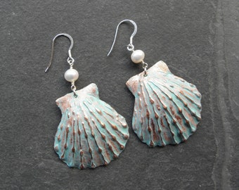 Sea Shell Mermaid Earrings, Sea Themed Papermache Jewellery with Cultured Freshwater Pearls and Sterling Silver