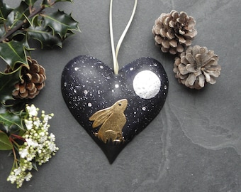 Moongazing Hare Heart  Shaped Wall Art, Papermache Hare hanging Yule Decoration, Hare Love Token, Valentines Gift.