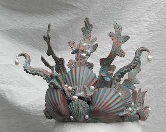 Sea Witch Crown, Mermaid headdress,  Ocean Themed Verdigris Copper Effect Papermache Crown
