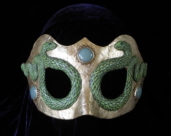 Serpent Mage's Masquerade Mask, Snake Mask, Gold and Green Viper Mask With Gemstones, Wizards mask