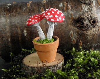 Tiny Fly Agaric Toadstool Miniture Sculpture, Magical Papermache Mushrooms in a Little Terracotta Pot
