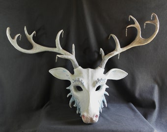White Winter Hart Masquerade Mask, Fantasy Stag mask