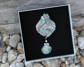 Papermache Seashell and Tentacle Brooch Pendant, Sea Themed statement jewellery, Sea Witch and Mermaid Style Accessory
