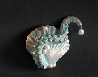 Shell and Tentacle Papermache Statement Brooch, Mermaid and Sea Witch style, Sea Themed jewellery