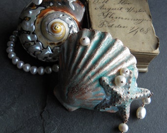 Seashell and Starfish Papermache Statement Brooch, Ocean Themed Nautical jewellery, Mermaid and Sea Witch style
