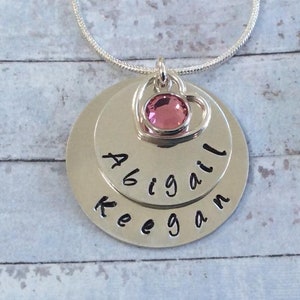 Personalized Silver Mom Necklace: Hand Stamped Kids Names, Birthstone Charm