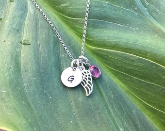 Sterling Silver Memorial Necklace: Angel Wing, Initial Disc & Birthstone