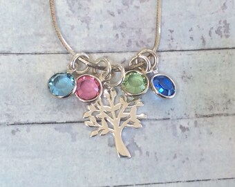 Mothers Day gift,  Mum Mom of four personalised birthstone necklace,Family Tree of life charm,Motherhood jewellery,Gift for Wife Mum Mom Mam