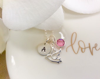 Confirmation Gifts for Girls Necklace  •Sterling Silver Dove Necklace - Personalized Initial Charm and Birthstone • Personalised Necklace