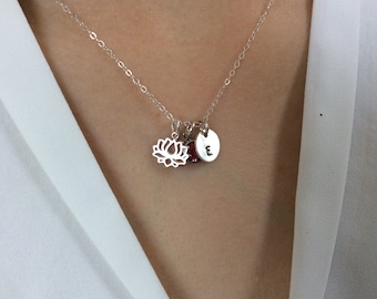 Lotus Growing Strength Courage Necklace, Dainty Lotus Flower, Birthstone Necklace, Initial Disc, Personalized Necklace, Best friend gift