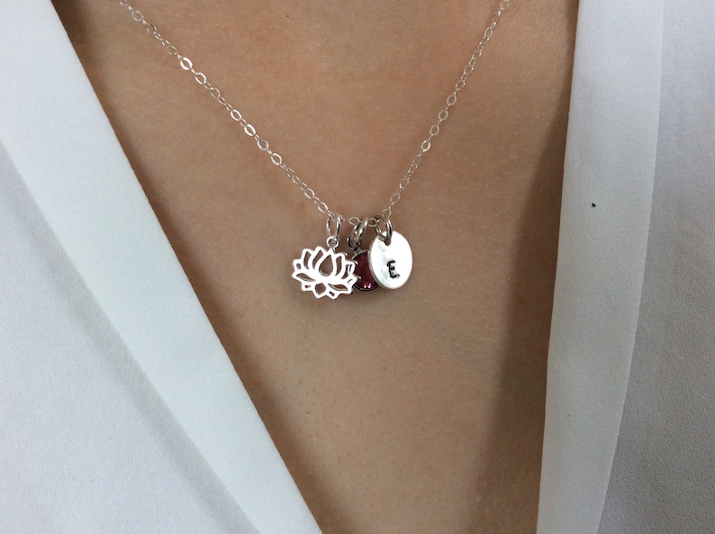 Personalized Necklace Initial Disc Dainty Lotus Flower Necklace Blooming Lotus Necklace Birthstone Necklace Best friend gift