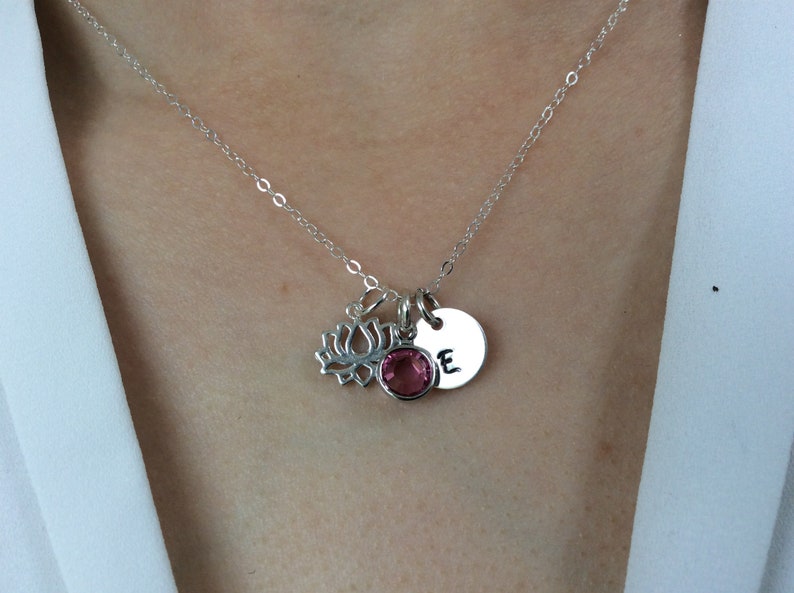 Personalized Necklace Initial Disc Dainty Lotus Flower Necklace Blooming Lotus Necklace Birthstone Necklace Best friend gift