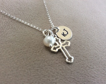 First Holy Communion Dainty Necklace Girl Gift - Personalised with Ornate Silver Cross Pearl and Initials  -Daughter, Godchild Jewellery