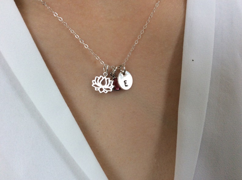 Personalized Necklace Initial Disc Dainty Lotus Flower Necklace Blooming Lotus Necklace Birthstone Necklace Best friend gift