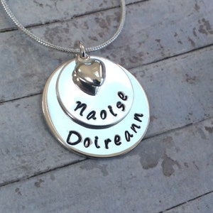 Mum Necklace with 2 Name Discs & Silver Puff Heart – Personalised Hand Stamped Gift for Irish Mum of Two - Wife Mothers Day Necklace