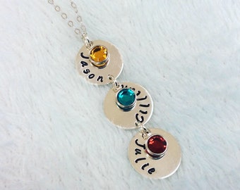 Mother’s Day Mum of three necklace, Jewellery gift for Mom, Wife, Nana Mother - personalised Family Names Necklace birthstones silver